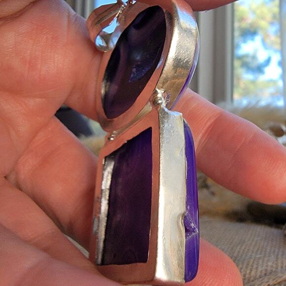 Purple Agate Geode Pendant Sterling Silver, Handmade Boho Crystal Jewelry - Picture 8 of 10